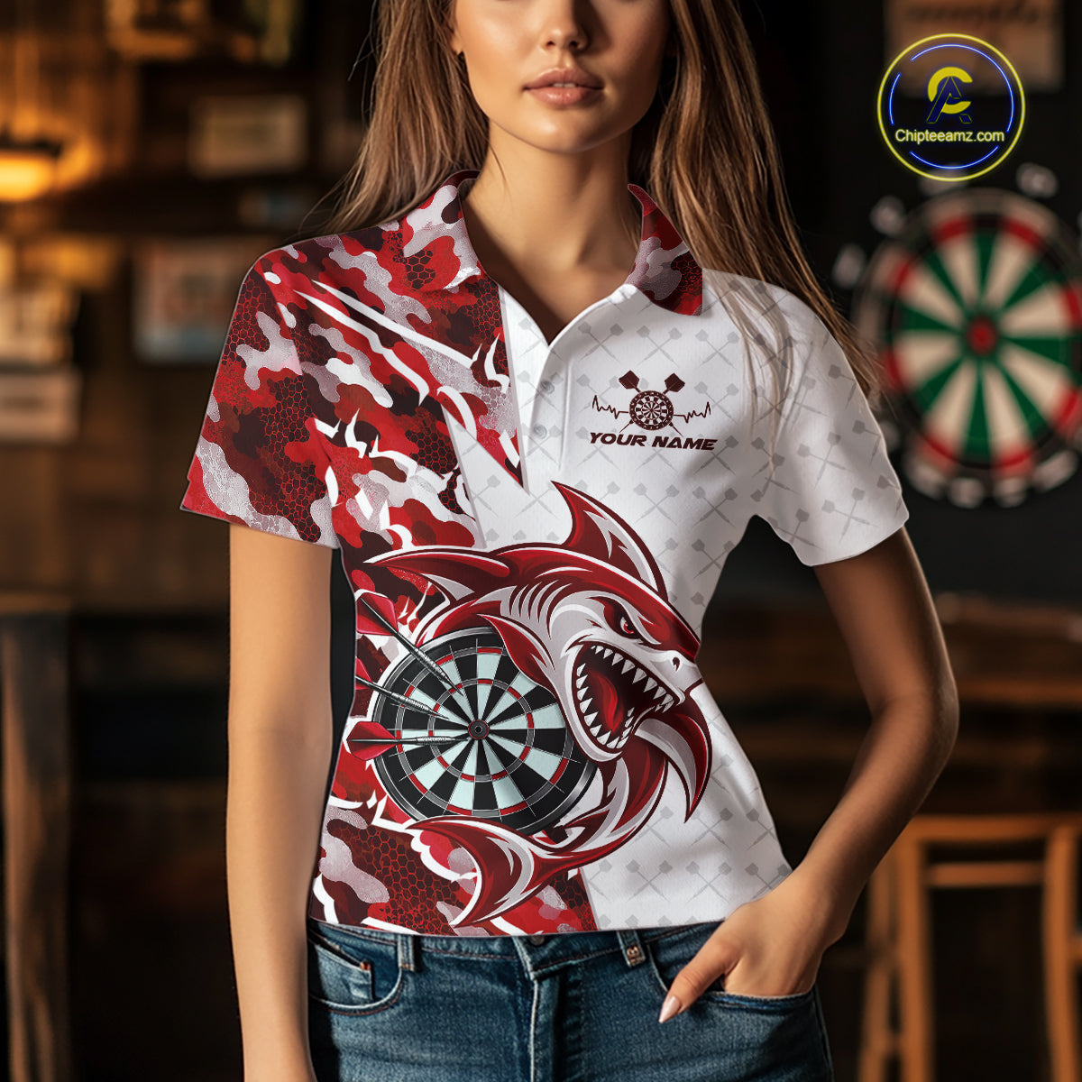Custom Red Camo Shark Dart Polo Shirt For Women, Dart League Shirt Dart Team Outfit IPHW12639