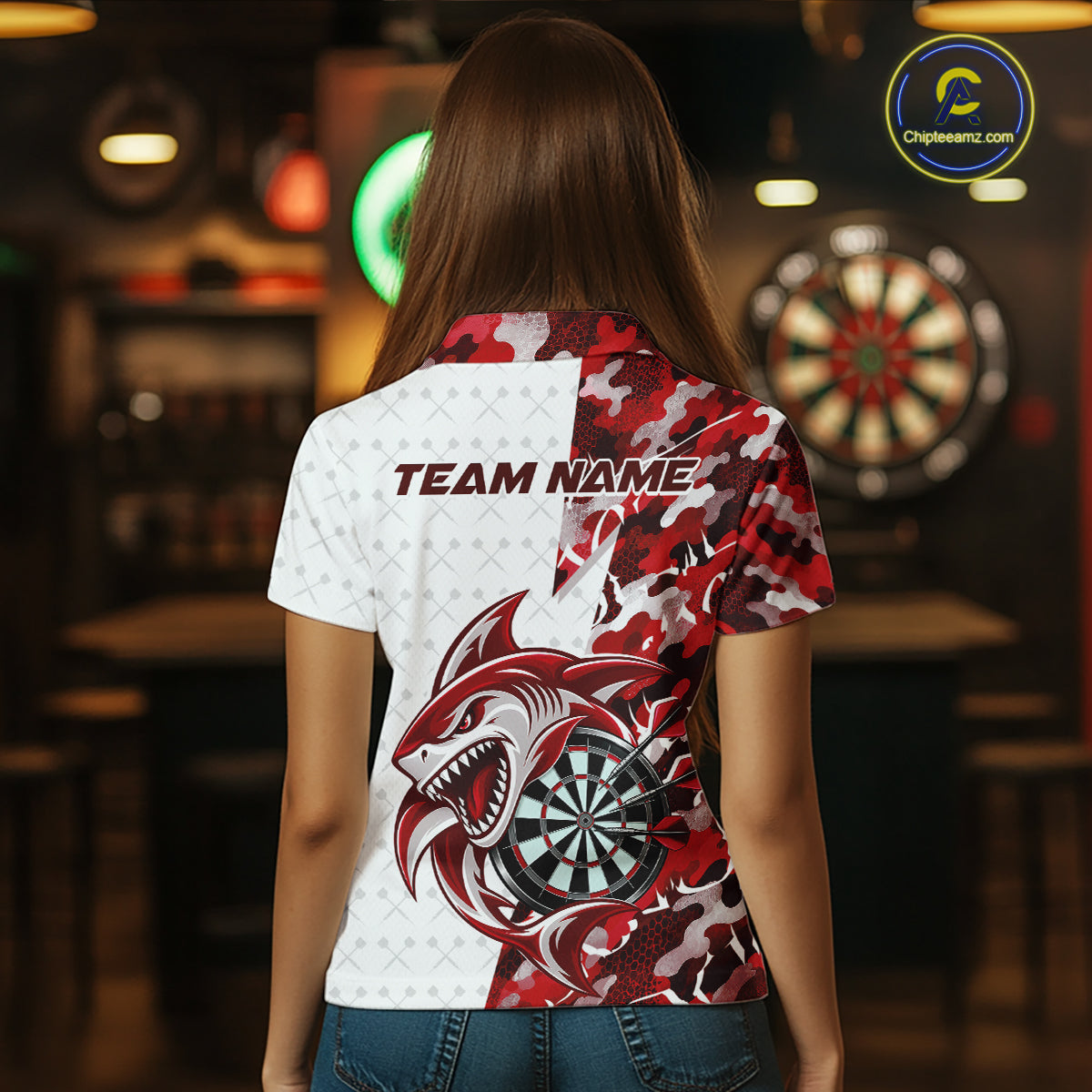 Custom Red Camo Shark Dart Polo Shirt For Women, Dart League Shirt Dart Team Outfit IPHW12639