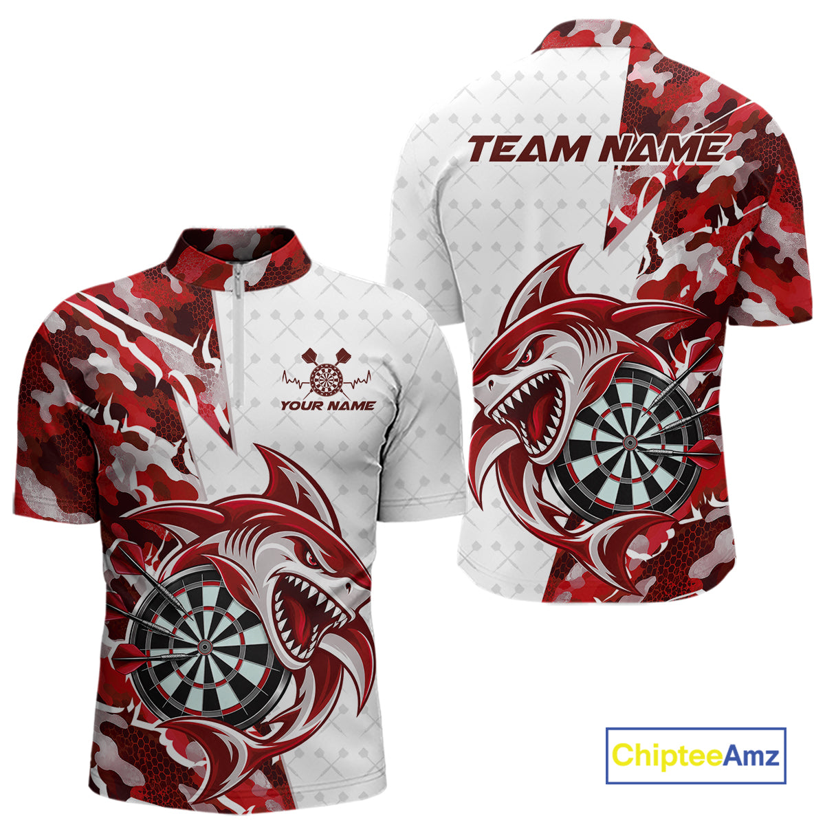 Custom Red Camo Shark Dart Quarter Zip Shirt For Men, Dart League Shirt Dart Team Outfit IPHW12639