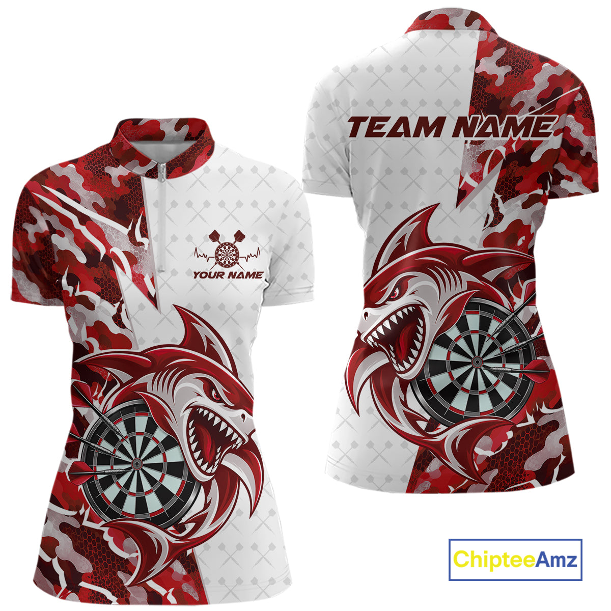 Custom Red Camo Shark Dart Quarter-Zip Shirt For Women, Dart League Shirt Team Outfit IPHW12639