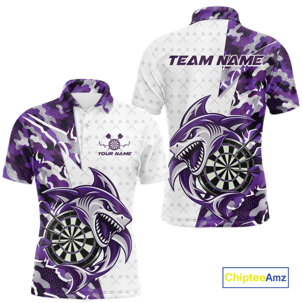Custom Purple Camo Shark Dart Polo Shirt For Men, Dart League Shirt Dart Team Outfit IPHW12640