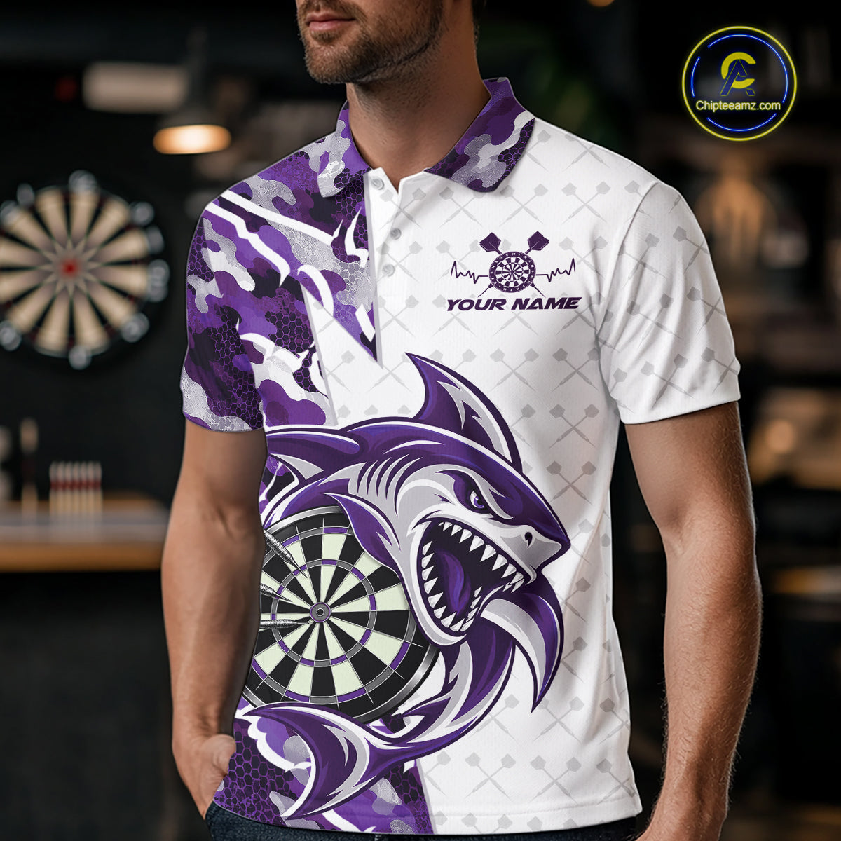 Custom Purple Camo Shark Dart Polo Shirt For Men, Dart League Shirt Dart Team Outfit IPHW12640