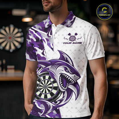 Custom Purple Camo Shark Dart Polo Shirt For Men, Dart League Shirt Dart Team Outfit IPHW12640