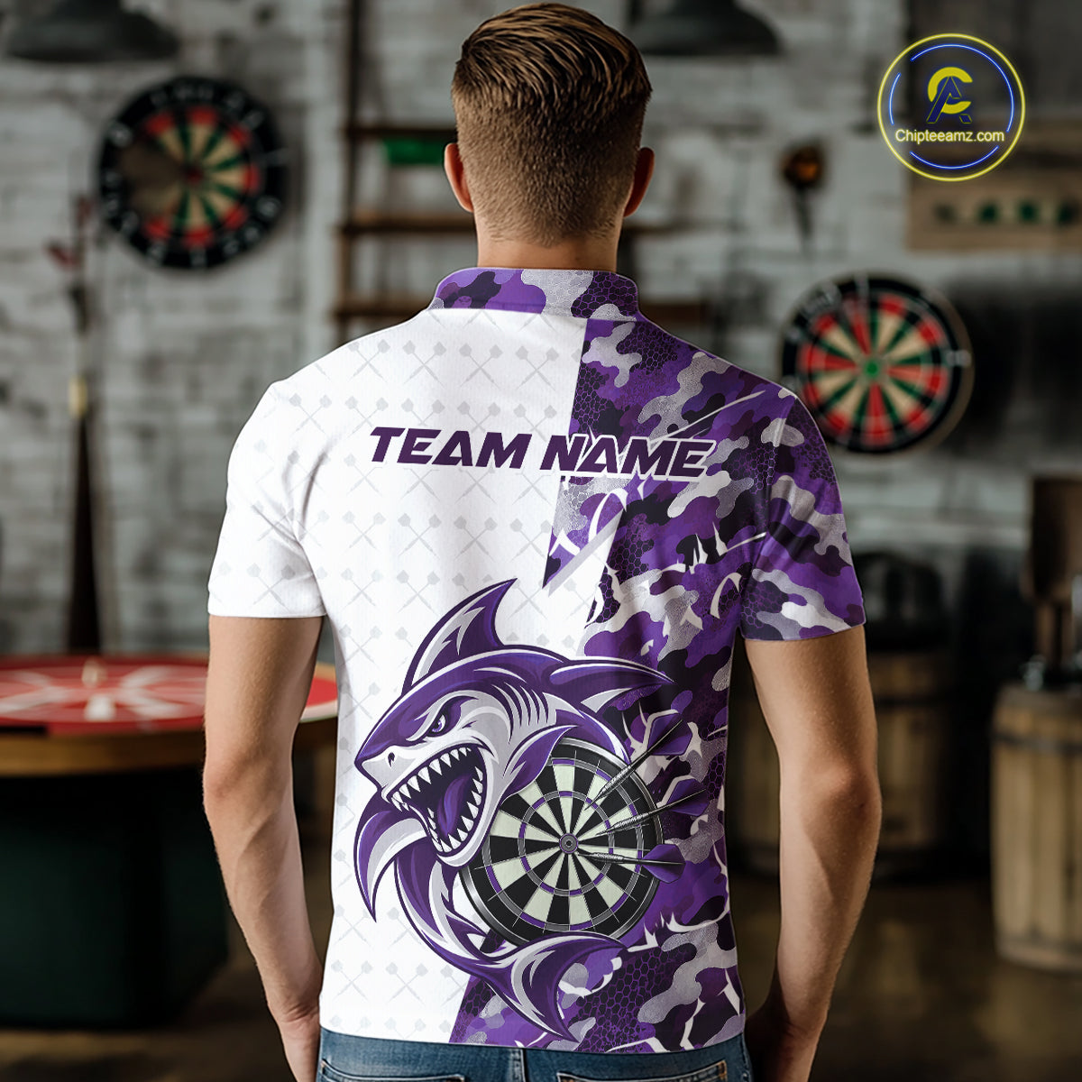 Custom Purple Camo Shark Dart Polo Shirt For Men, Dart League Shirt Dart Team Outfit IPHW12640