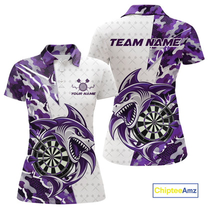 Custom Purple Camo Shark Dart Polo Shirt For Women, Dart League Shirt Dart Team Outfit IPHW12640