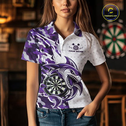 Custom Purple Camo Shark Dart Polo Shirt For Women, Dart League Shirt Dart Team Outfit IPHW12640