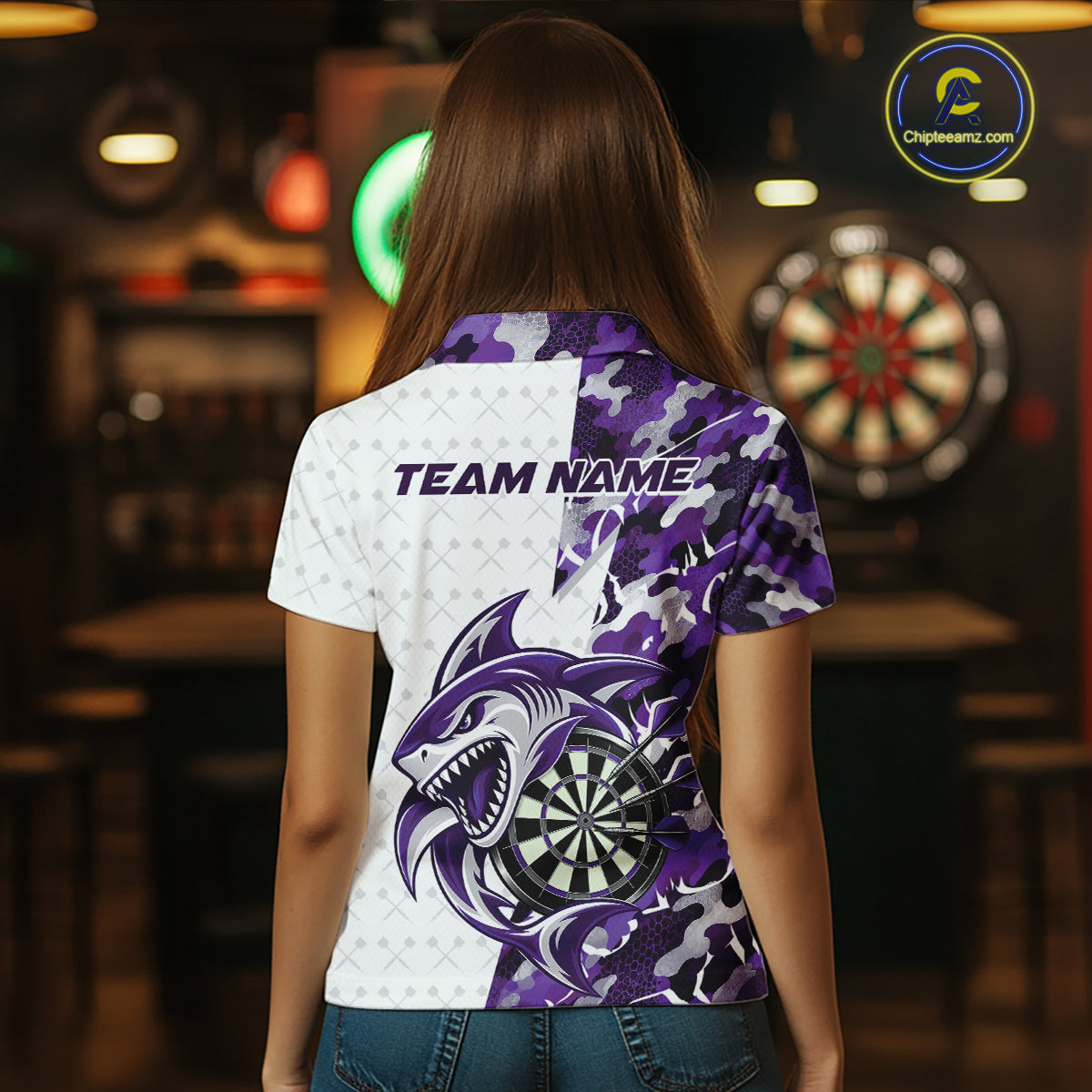 Custom Purple Camo Shark Dart Polo Shirt For Women, Dart League Shirt Dart Team Outfit IPHW12640