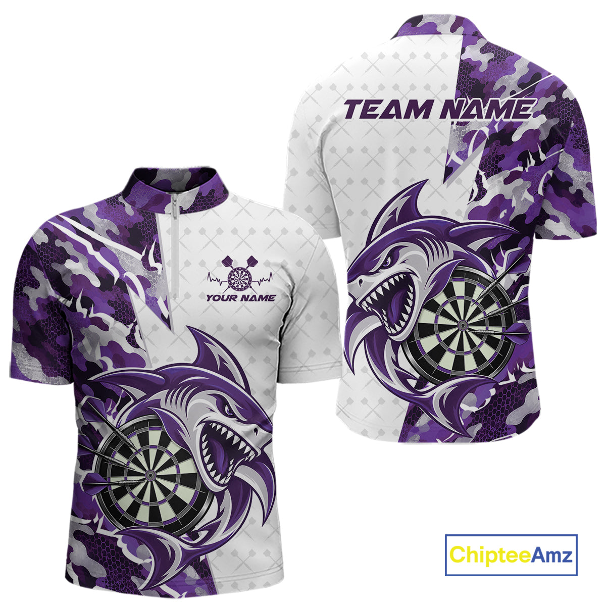 Custom Purple Camo Shark Dart Quarter Zip Shirt For Men, Dart League Shirt Dart Team Outfit IPHW12640
