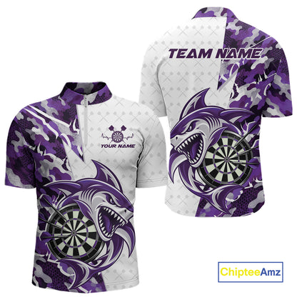 Custom Purple Camo Shark Dart Quarter Zip Shirt For Men, Dart League Shirt Dart Team Outfit IPHW12640