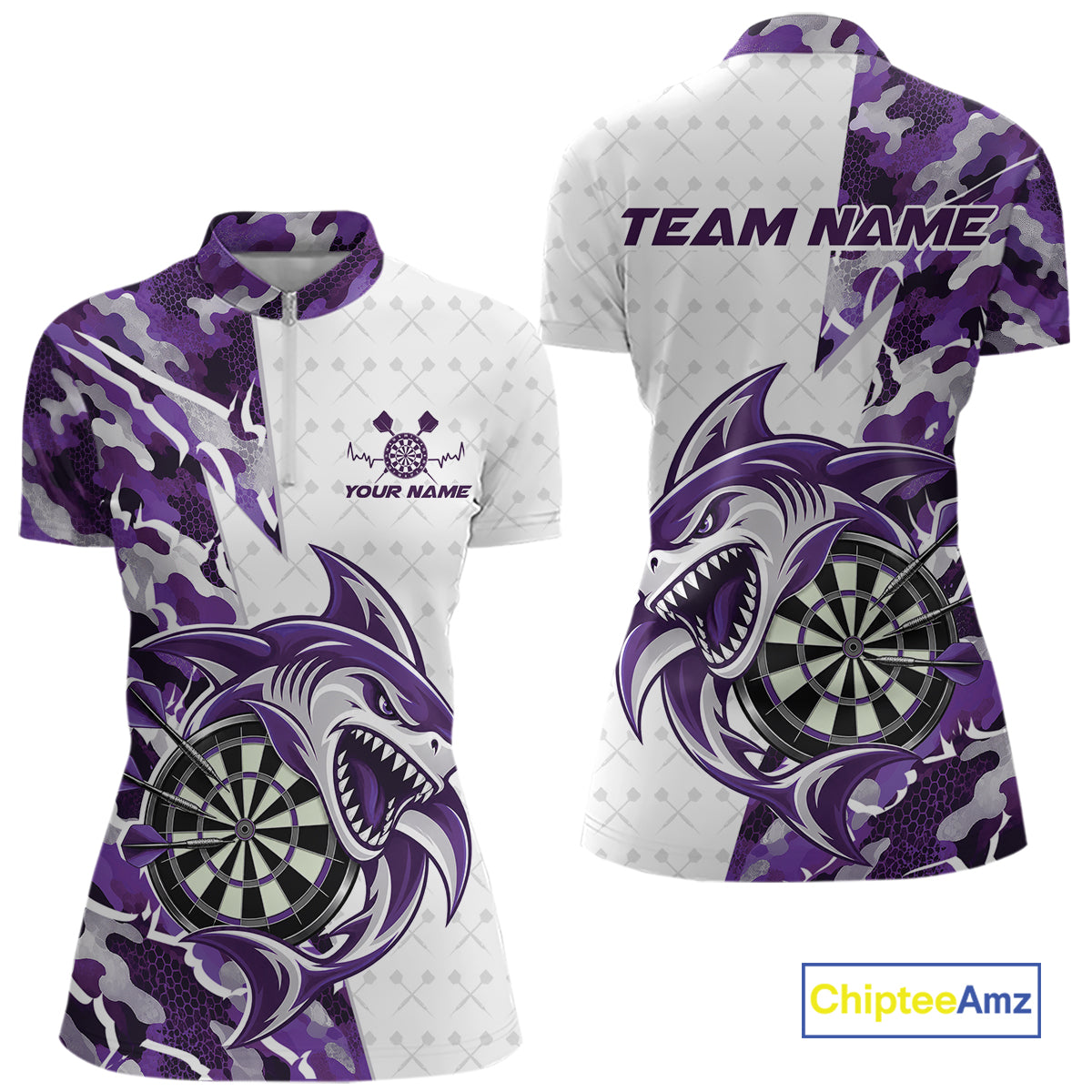 Custom Purple Camo Shark Dart Quarter-Zip Shirt For Women, Dart League Shirt Team Outfit IPHW12640
