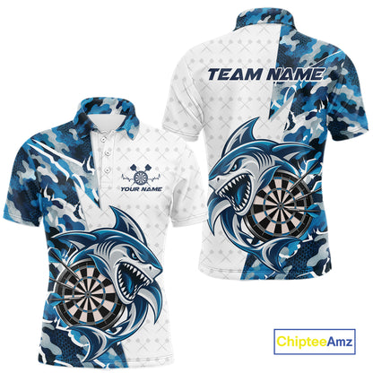 Custom Steel Blue Camo Shark Dart Men Polo Shirt, Dart League Shirt Dart Team Outfit IPHW12641