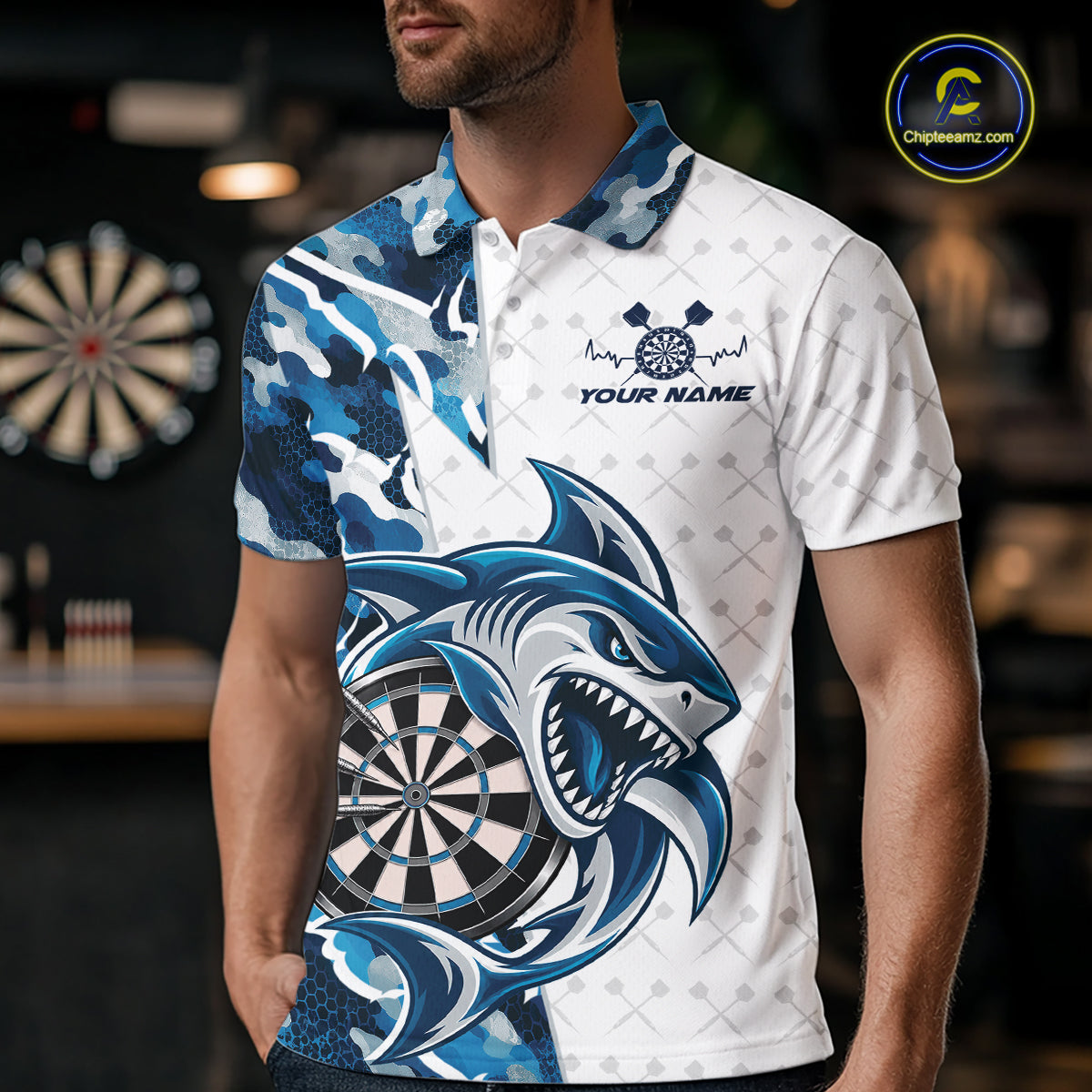 Custom Steel Blue Camo Shark Dart Men Polo Shirt, Dart League Shirt Dart Team Outfit IPHW12641