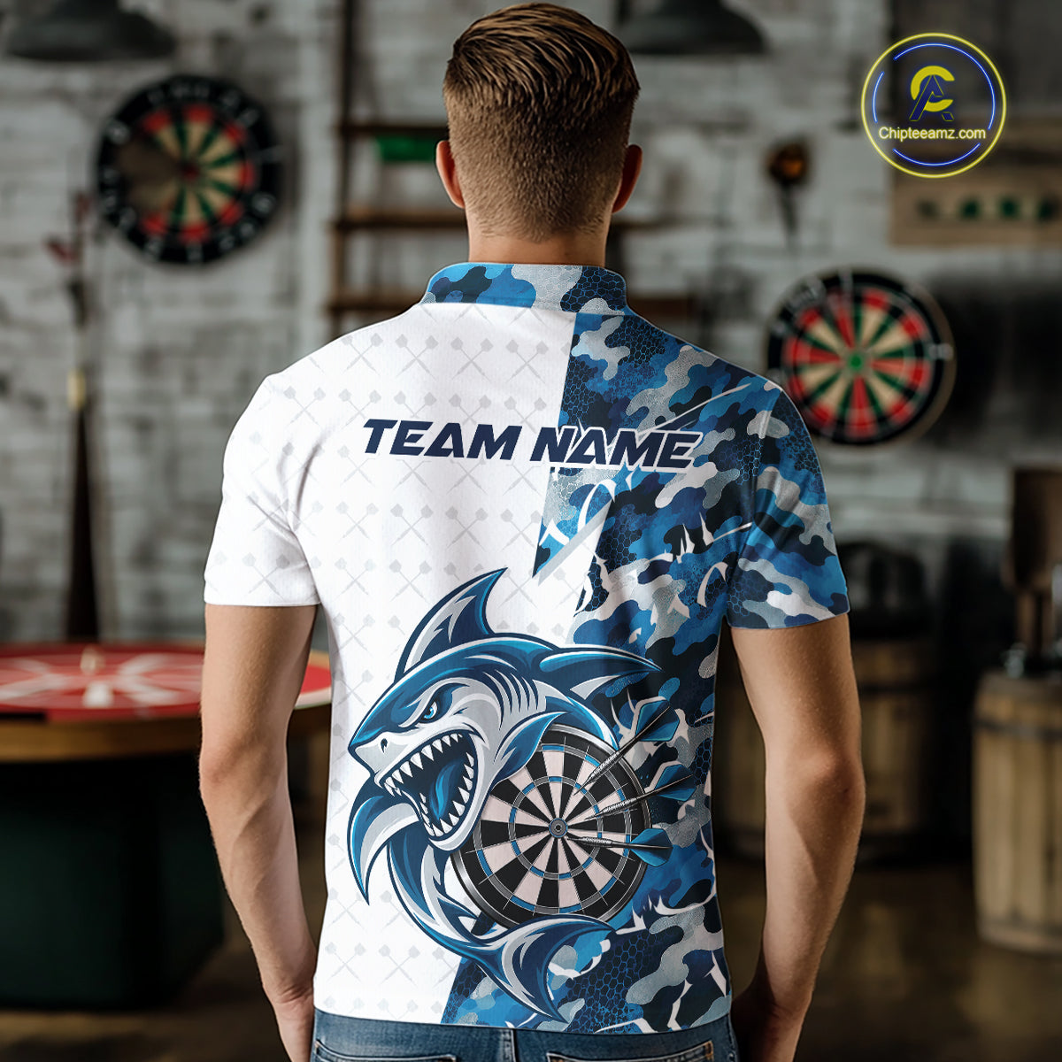 Custom Steel Blue Camo Shark Dart Men Polo Shirt, Dart League Shirt Dart Team Outfit IPHW12641