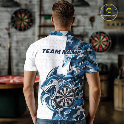 Custom Steel Blue Camo Shark Dart Men Polo Shirt, Dart League Shirt Dart Team Outfit IPHW12641