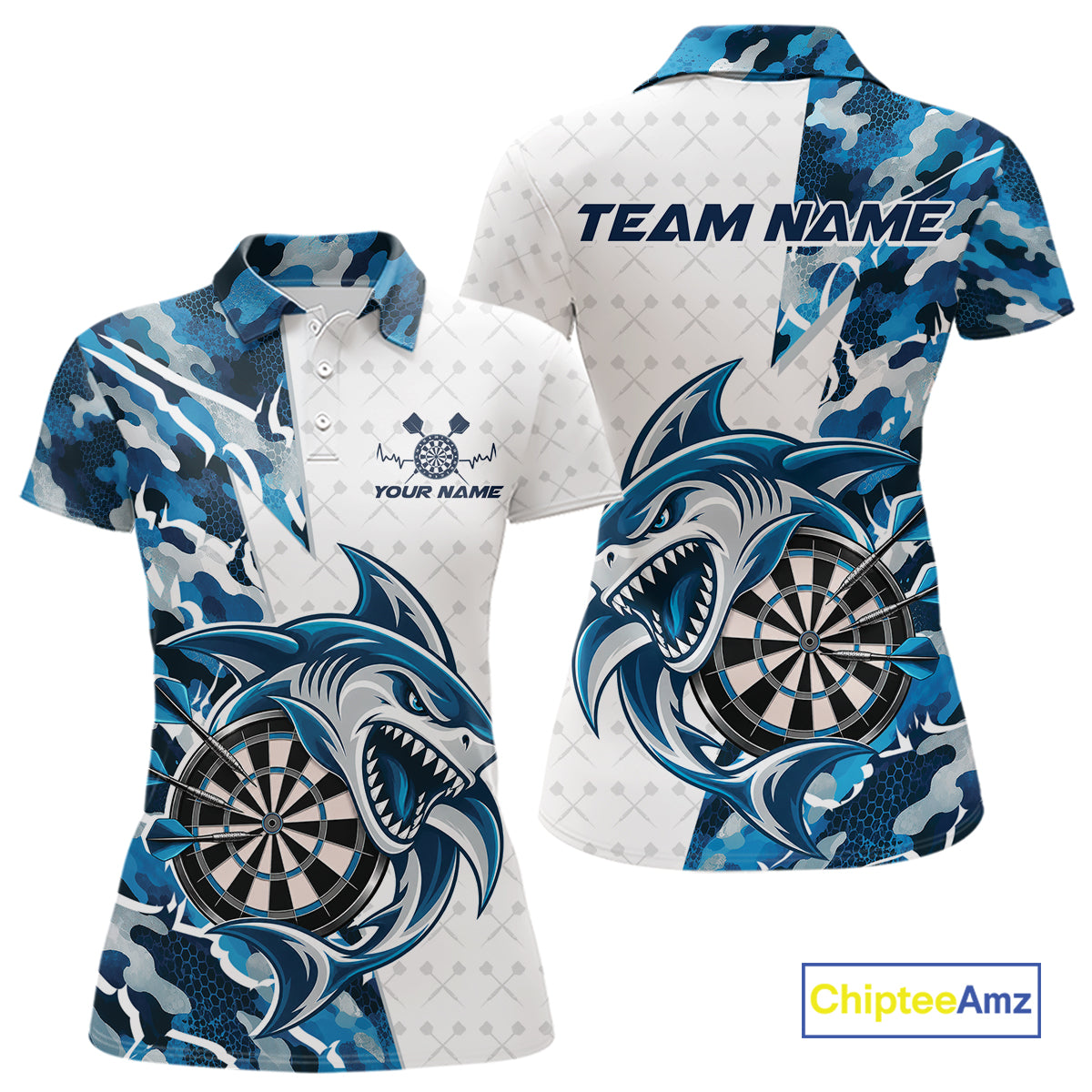 Custom Steel Blue Camo Shark Dart Women Polo Shirt, Dart League Shirt Dart Team Outfit IPHW12641