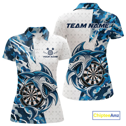Custom Steel Blue Camo Shark Dart Women Polo Shirt, Dart League Shirt Dart Team Outfit IPHW12641