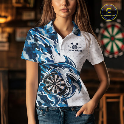 Custom Steel Blue Camo Shark Dart Women Polo Shirt, Dart League Shirt Dart Team Outfit IPHW12641
