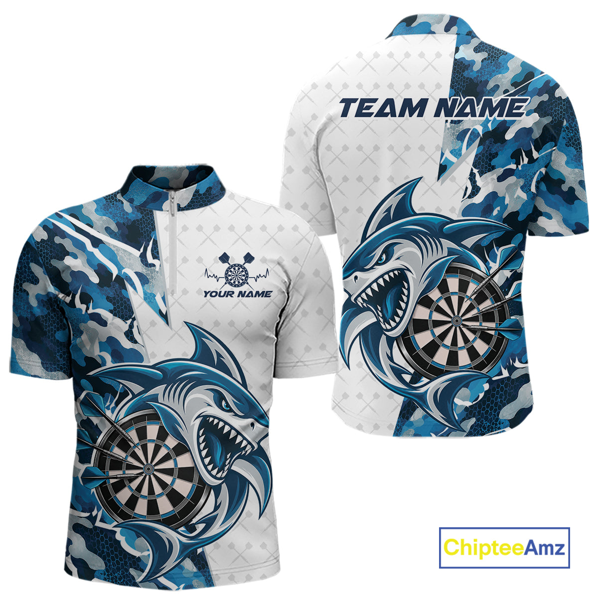 Custom Steel Blue Camo Shark Dart Men Quarter Zip Shirt, Dart League Shirt Dart Team Outfit IPHW12641