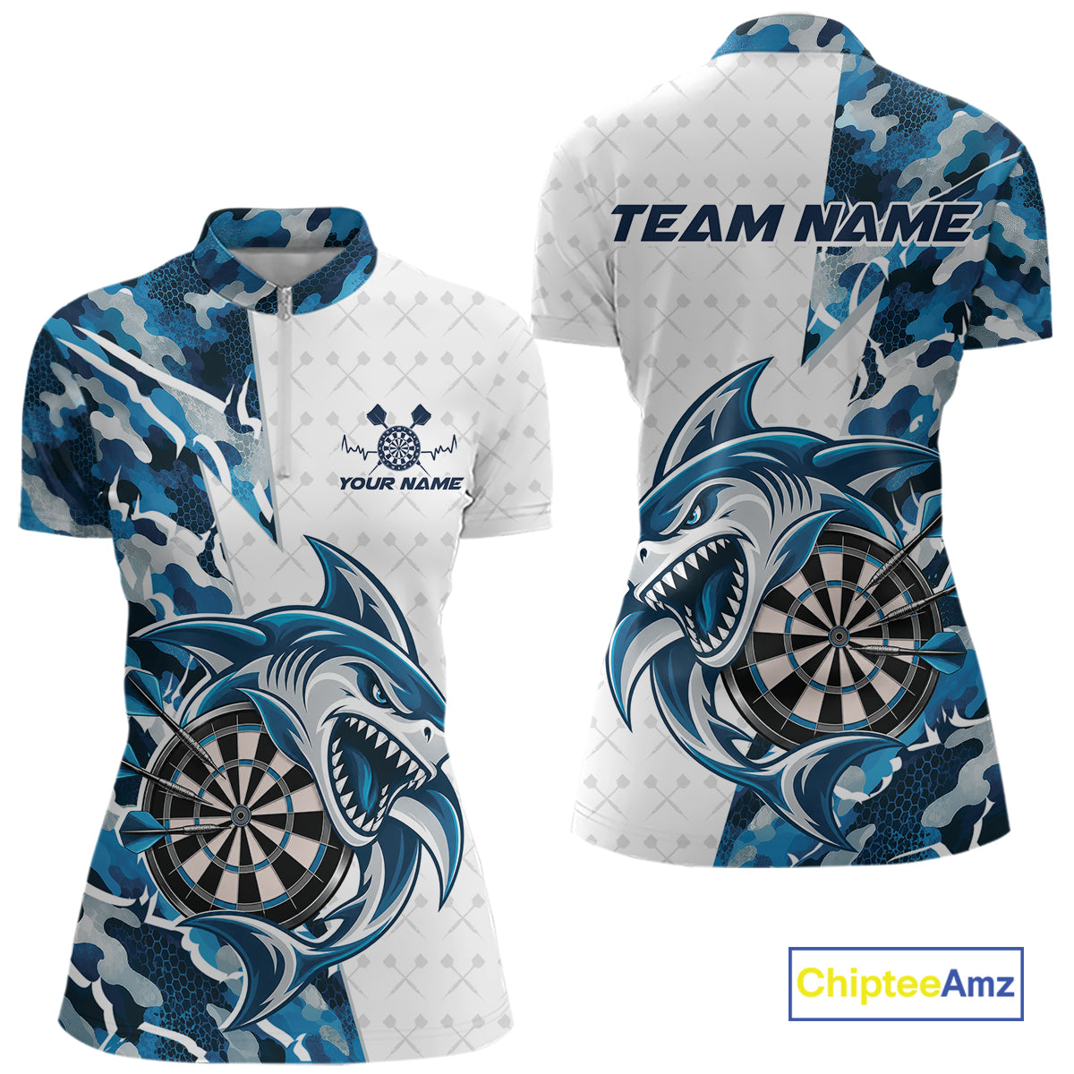 Custom Steel Blue Camo Shark Dart Women Quarter-Zip Shirt, Dart League Shirt Team Outfit IPHW12641