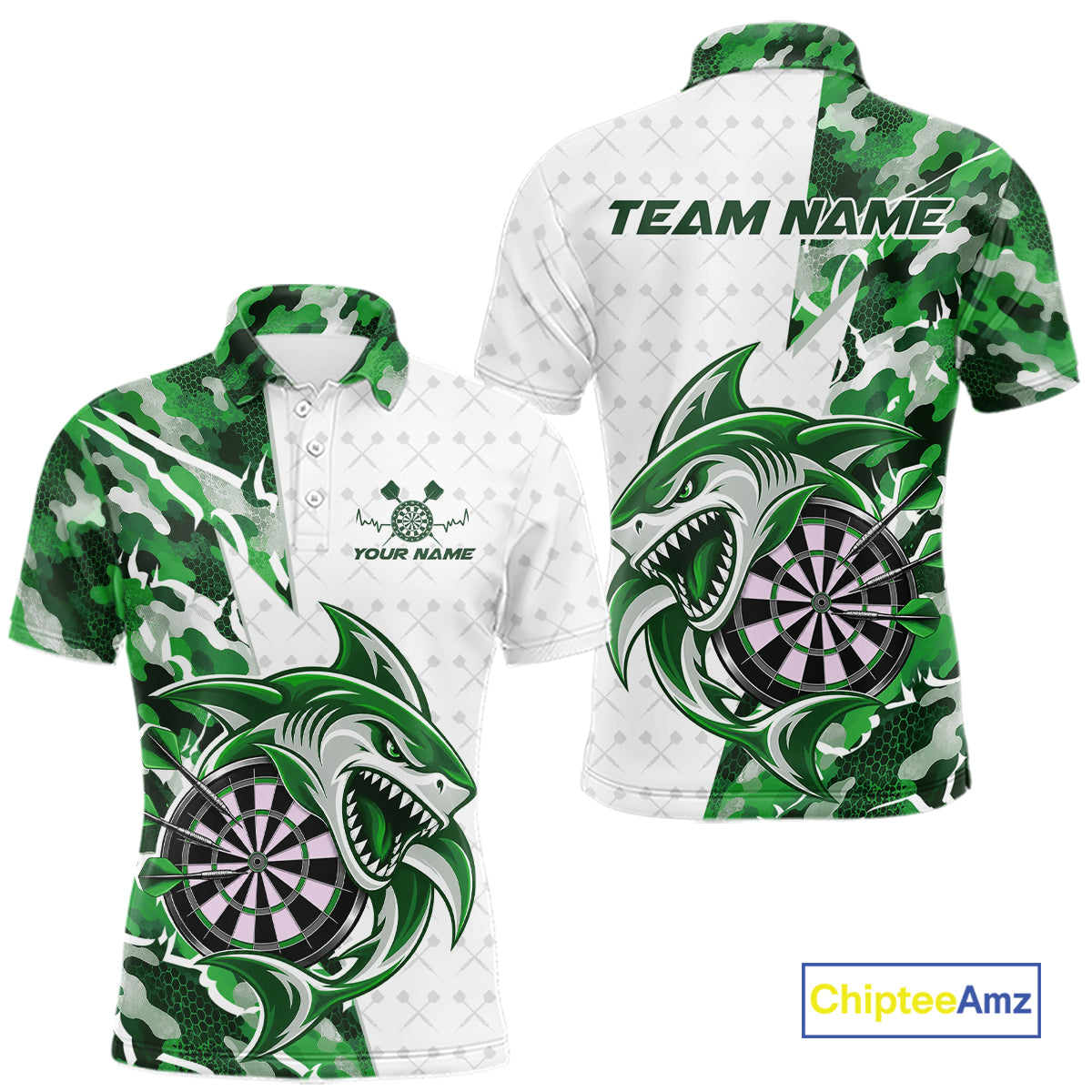Custom Green Camo Shark Dart Polo Shirt For Men, Dart League Shirt Dart Team Outfit IPHW12642