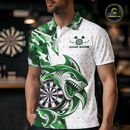 Custom Green Camo Shark Dart Polo Shirt For Men, Dart League Shirt Dart Team Outfit IPHW12642