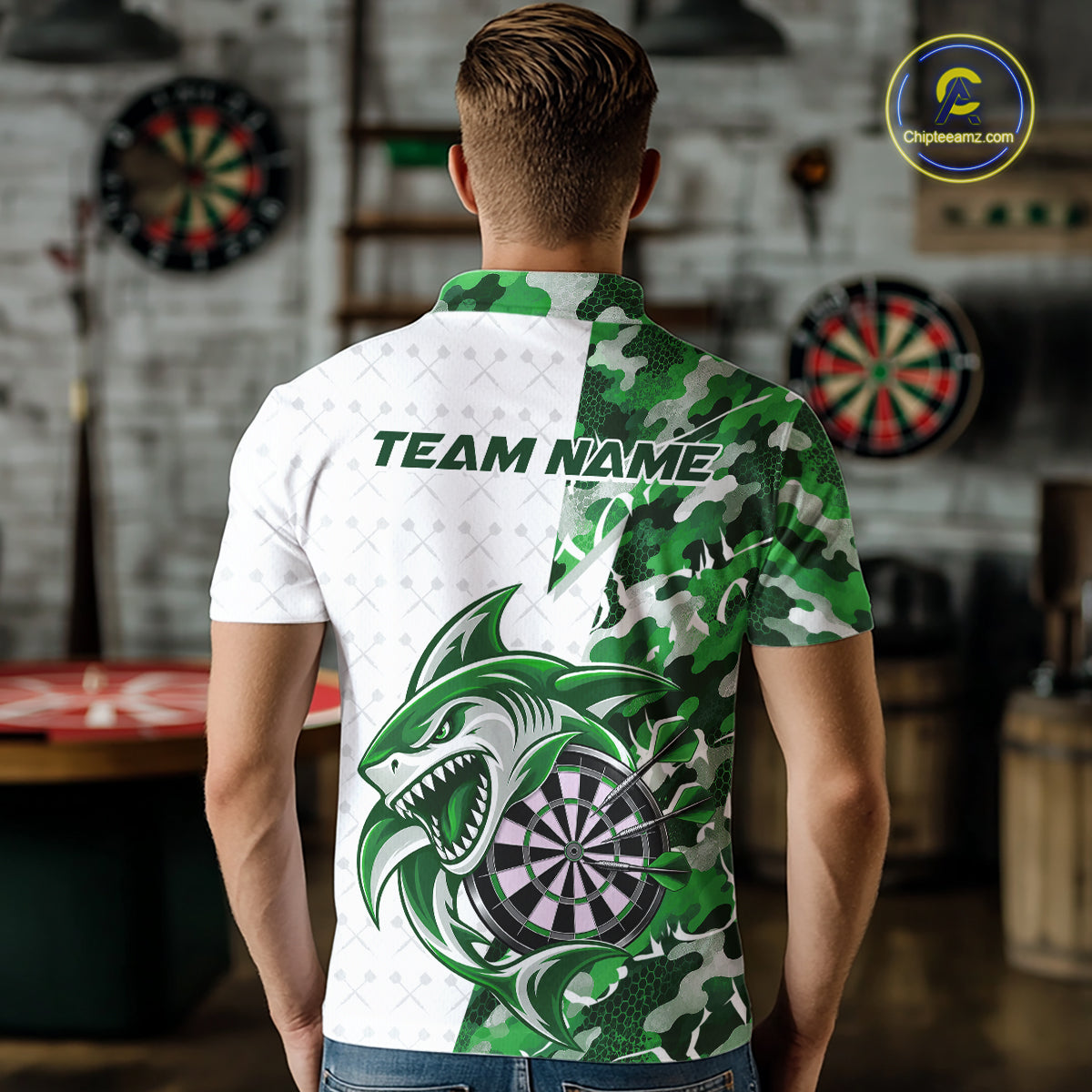 Custom Green Camo Shark Dart Polo Shirt For Men, Dart League Shirt Dart Team Outfit IPHW12642