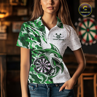 Custom Green Camo Shark Dart Polo Shirt For Women, Dart League Shirt Dart Team Outfit IPHW12642