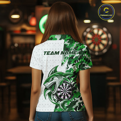 Custom Green Camo Shark Dart Polo Shirt For Women, Dart League Shirt Dart Team Outfit IPHW12642