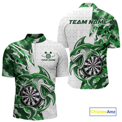Custom Green Camo Shark Dart Quarter Zip Shirt For Men, Dart League Shirt Dart Team Outfit IPHW12642