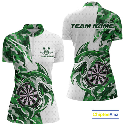 Custom Green Camo Shark Dart Quarter-Zip Shirt For Women, Dart League Shirt Team Outfit IPHW12642