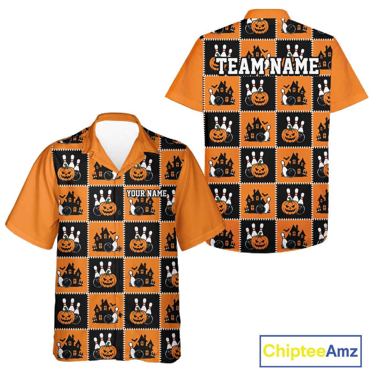Custom Black And Orange Halloween Bowling Patwork Bowling Team Men And Women Button Up Shirt IPHW11933