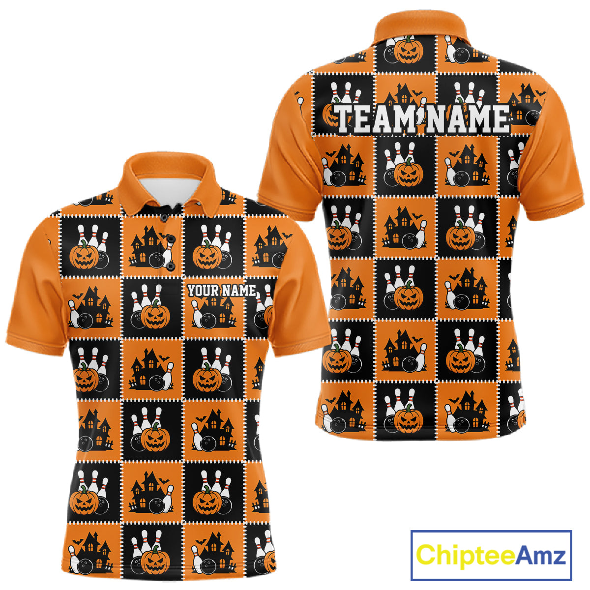 Custom Black And Orange Halloween Bowling Patwork Bowling Team Men Polo Shirt IPHW11933
