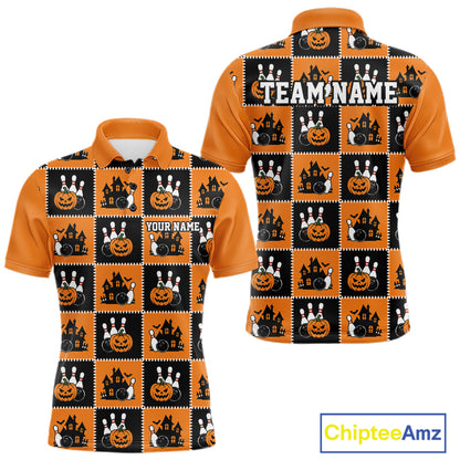Custom Black And Orange Halloween Bowling Patwork Bowling Team Men Polo Shirt IPHW11933