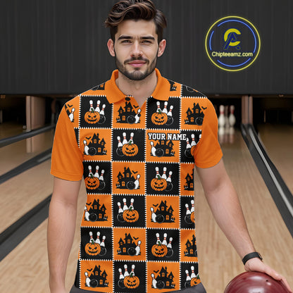 Custom Black And Orange Halloween Bowling Patwork Bowling Team Men Polo Shirt IPHW11933