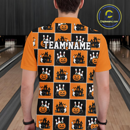 Custom Black And Orange Halloween Bowling Patwork Bowling Team Men Polo Shirt IPHW11933