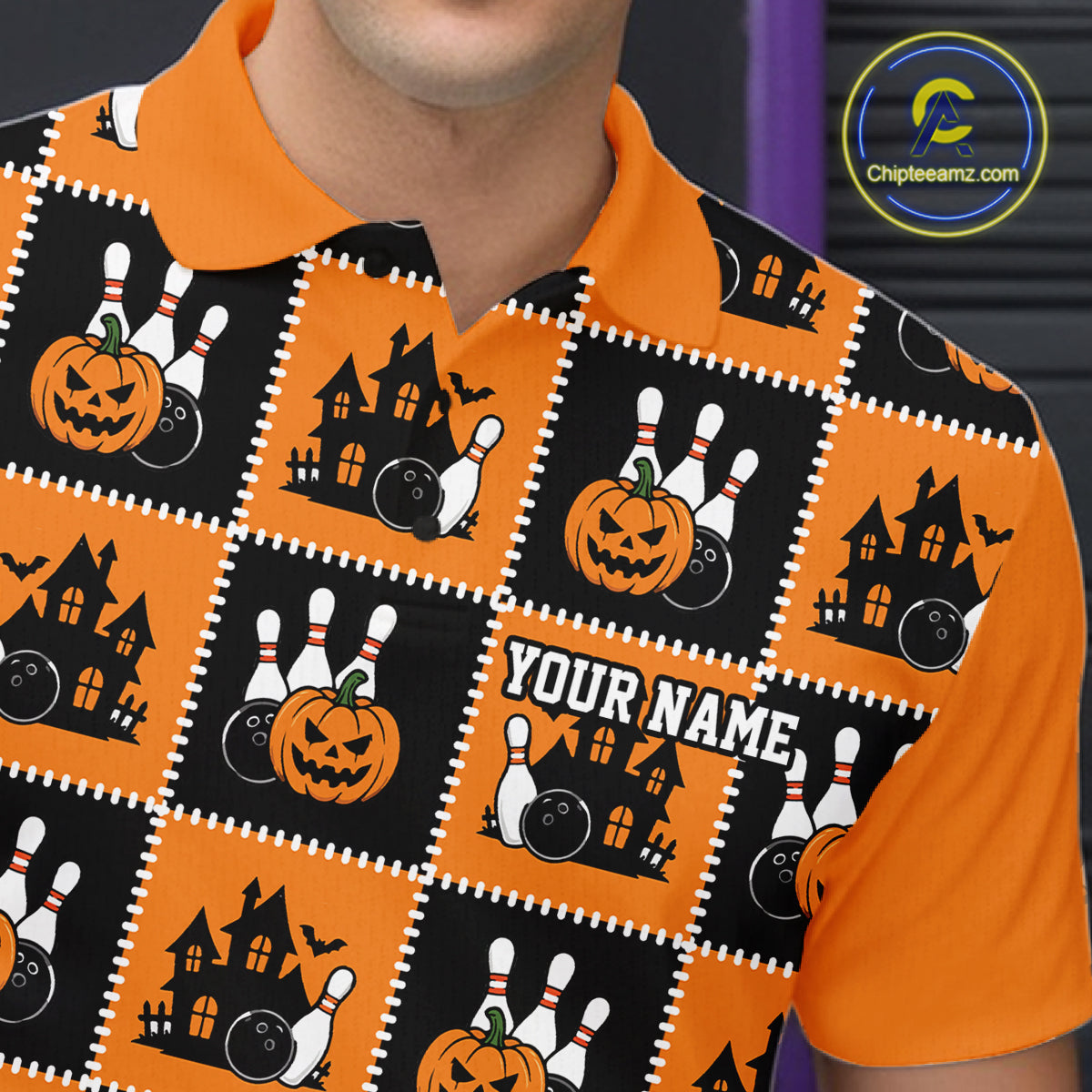 Custom Black And Orange Halloween Bowling Patwork Bowling Team Men Polo Shirt IPHW11933