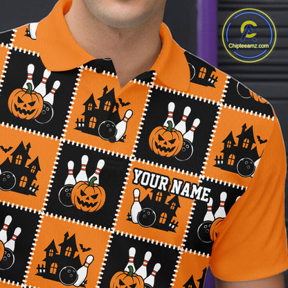 Custom Black And Orange Halloween Bowling Patwork Bowling Team Men Polo Shirt IPHW11933