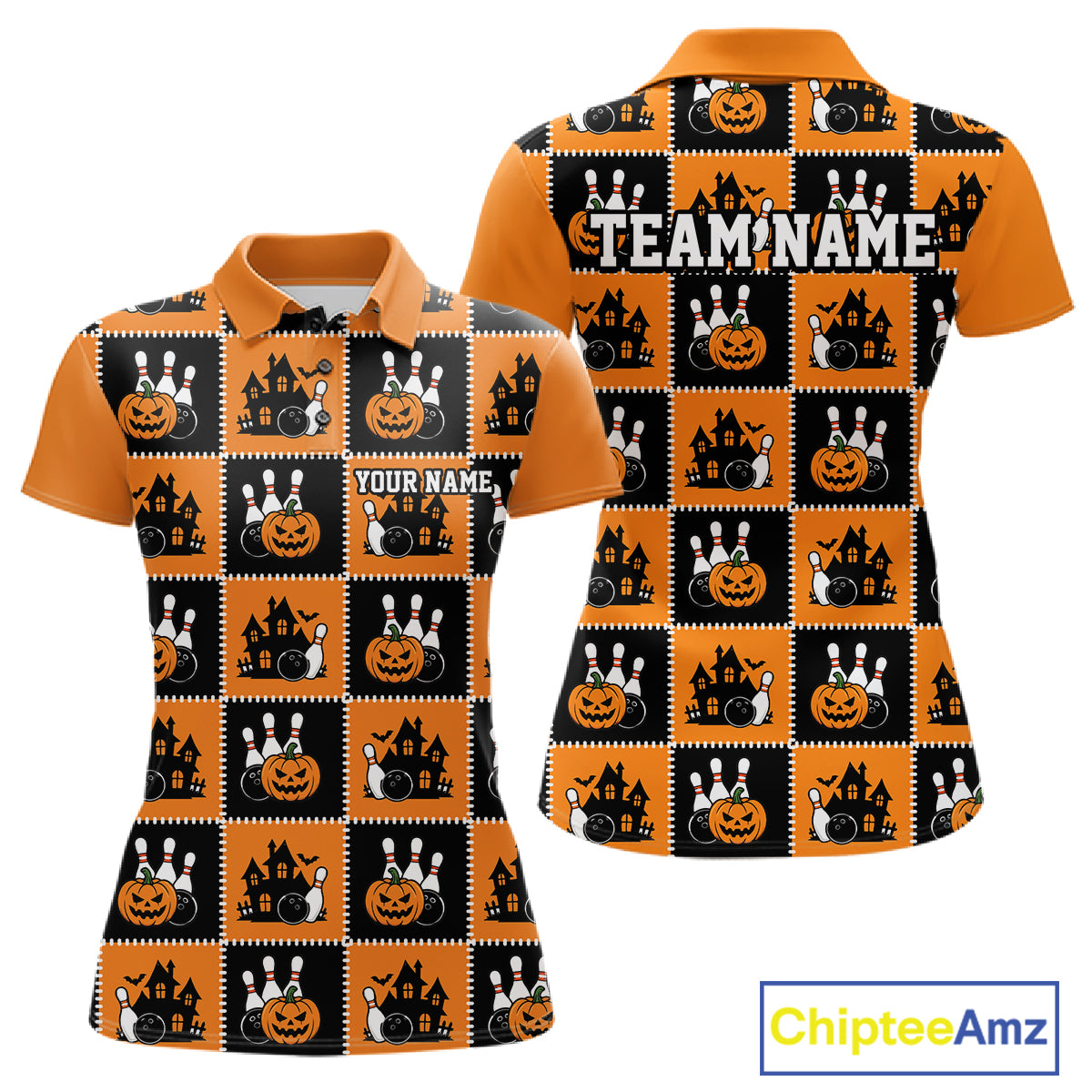 Custom Black And Orange Halloween Bowling Patwork Bowling Team Women Polo Shirt IPHW11933