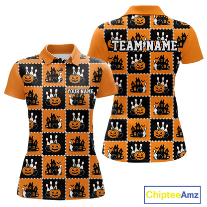 Custom Black And Orange Halloween Bowling Patwork Bowling Team Women Polo Shirt IPHW11933