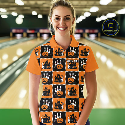 Custom Black And Orange Halloween Bowling Patwork Bowling Team Women Polo Shirt IPHW11933