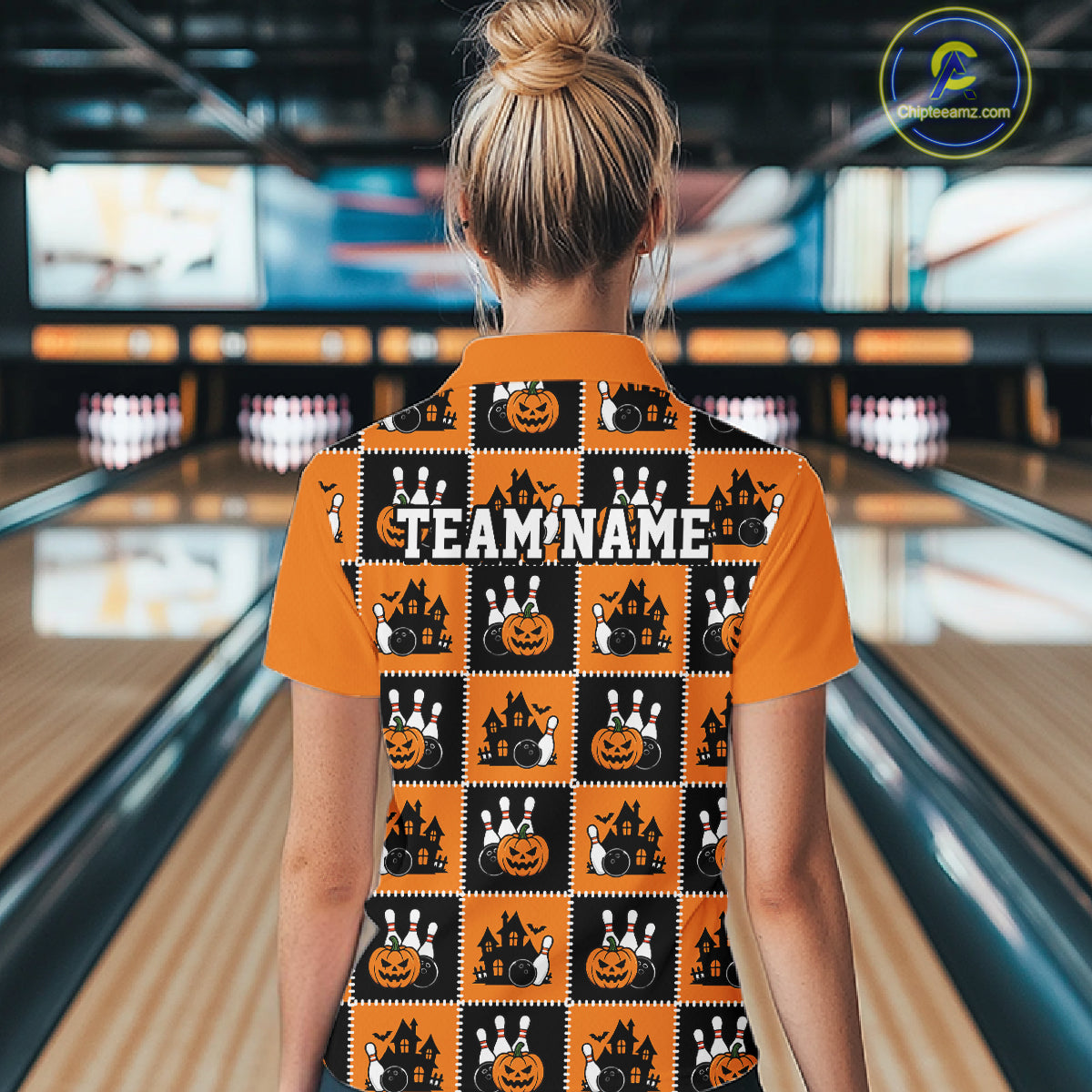 Custom Black And Orange Halloween Bowling Patwork Bowling Team Women Polo Shirt IPHW11933