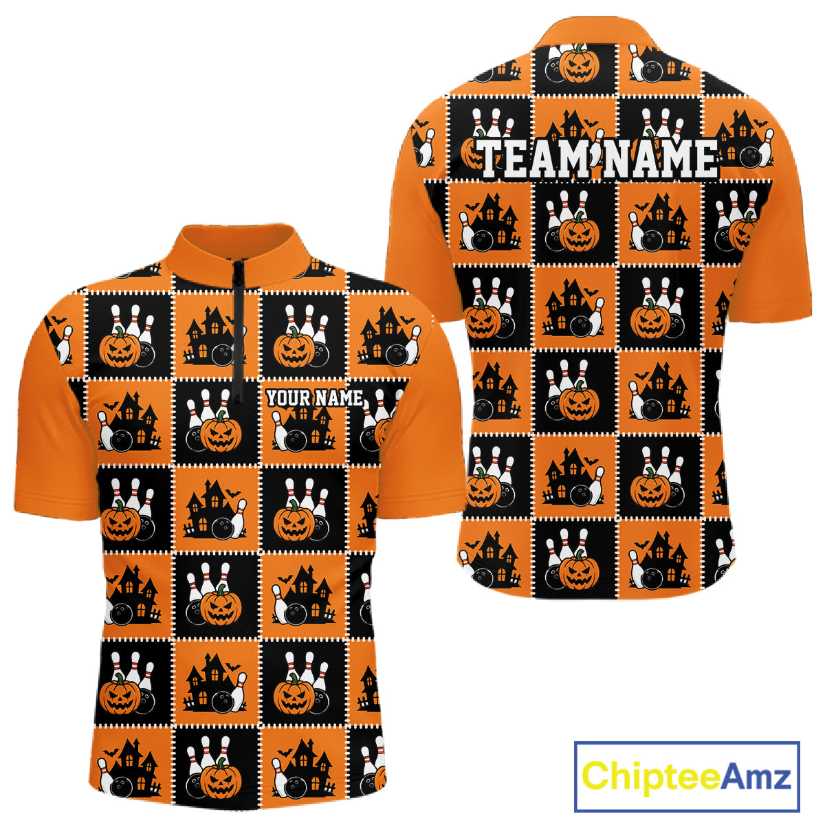Custom Black And Orange Halloween Bowling Patwork Bowling Team Men Quarter Zip Shirt IPHW11933