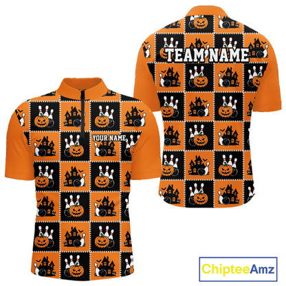 Custom Black And Orange Halloween Bowling Patwork Bowling Team Men Quarter Zip Shirt IPHW11933