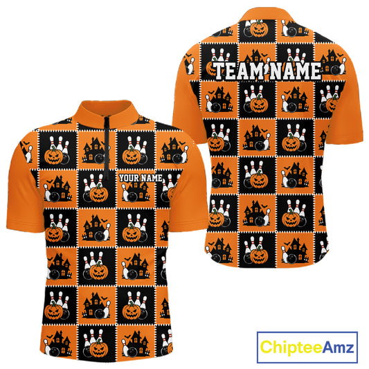 Custom Black And Orange Halloween Bowling Patwork Bowling Team Men Quarter Zip Shirt IPHW11933