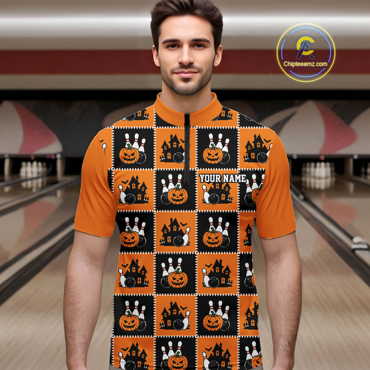 Custom Black And Orange Halloween Bowling Patwork Bowling Team Men Quarter Zip Shirt IPHW11933