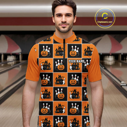Custom Black And Orange Halloween Bowling Patwork Bowling Team Men Quarter Zip Shirt IPHW11933
