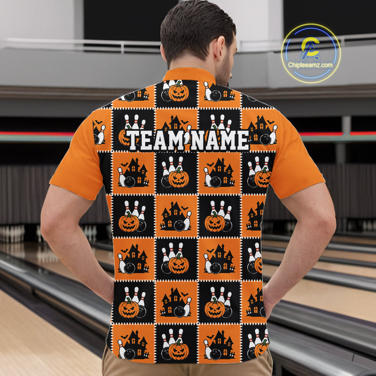 Custom Black And Orange Halloween Bowling Patwork Bowling Team Men Quarter Zip Shirt IPHW11933