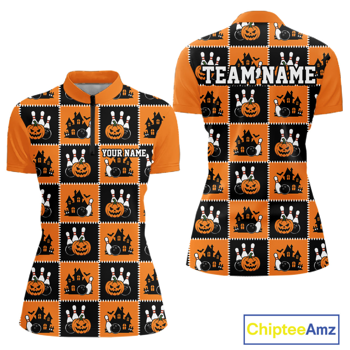 Custom Black And Orange Halloween Bowling Patwork Bowling Team Women Quarter-Zip Shirt IPHW11933