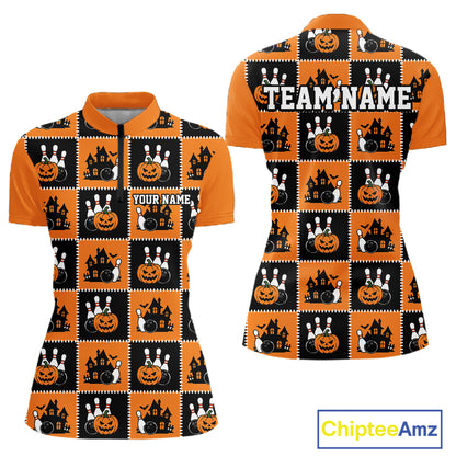 Custom Black And Orange Halloween Bowling Patwork Bowling Team Women Quarter-Zip Shirt IPHW11933