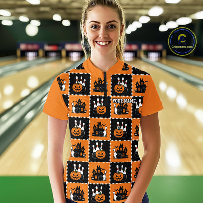 Custom Black And Orange Halloween Bowling Patwork Bowling Team Women Quarter-Zip Shirt IPHW11933